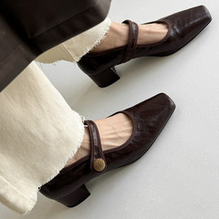 Retro leather Mary Jane shoes for women, shallow mouth single shoes, spring new items, solid color one-strap square-toe chunky heels, mid-heel.