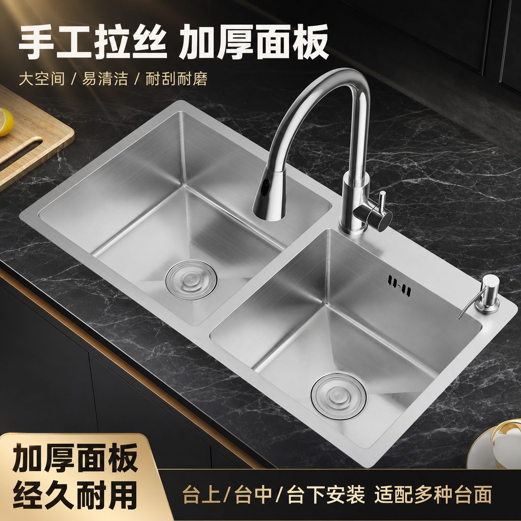 厨房不锈钢加厚拉丝手工水槽双槽家用水池洗菜盆洗碗池套餐台下盆
