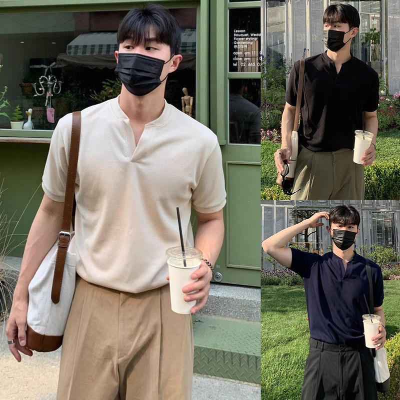 V-Neck Short-Sleeve T-Shirt for Men, Solid Color, Simple Henley Collar, Old Money Style, Business Slim Fit, Ice Silk, Summer, Cross-Border Factory Wholesale V-Neck Short-Sleeve T-Shirt for Men, Solid Color, Simple Henley Collar, Old Money Style, Business Slim Fit, Ice Silk, Summer, Cross-Border Factory Wholesale