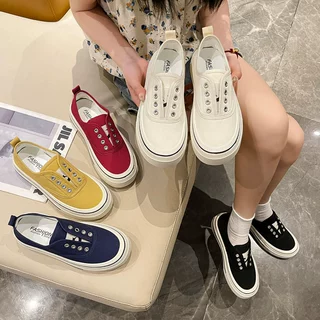 厚底松紧一脚蹬帆布鞋女2026新款百搭透气休闲鞋春秋小白鞋板鞋女