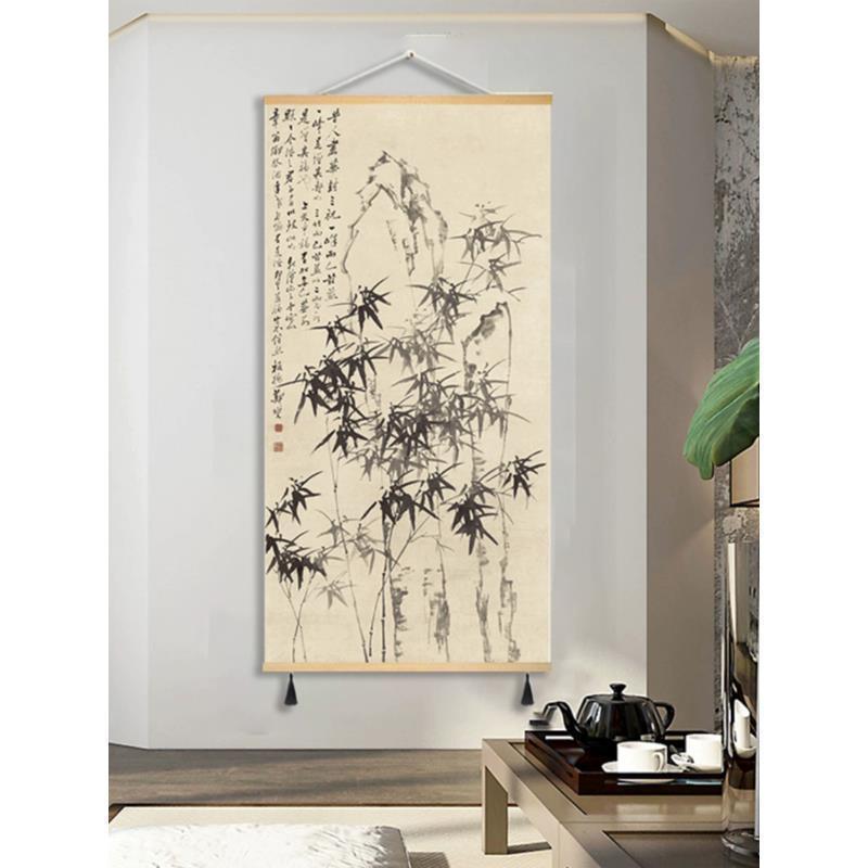新中式国画仿古画书房客厅玄关办公室装饰画竖版免打孔布艺挂画
