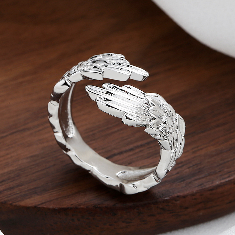 Wind plated silver opening feather wing ring, adjustable couple ring_voghion.com