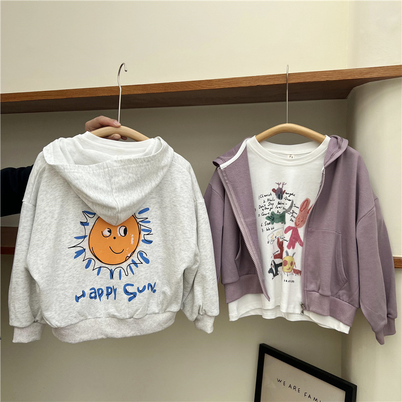Ropa coreana de otoño 2024 para niños y niñas, sudadera con capucha y cremallera suelta con sol pequeño, chaqueta para niños_voghion.com