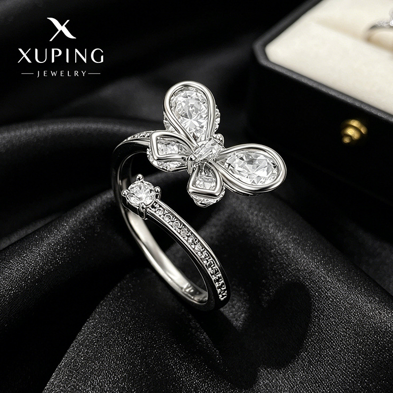 Xuping anillo de joyas artificiales elegante y dulce anillo de abertura de mariposa de aleación de cobre chapado en blanco joyería de mujer