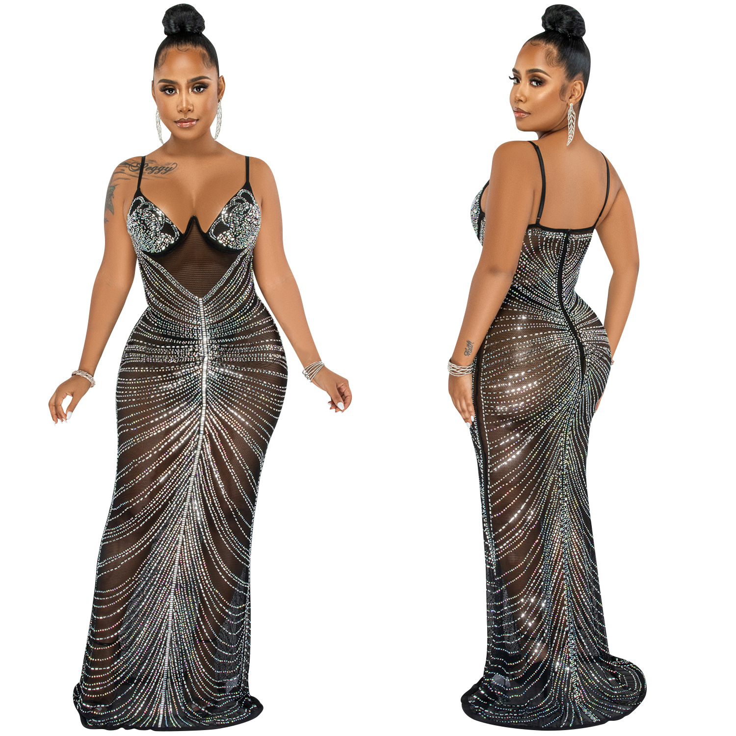 Hot Rhinestone Sling Wrapped Breast Mesh Perspective Prom Dress NSXYZ110907