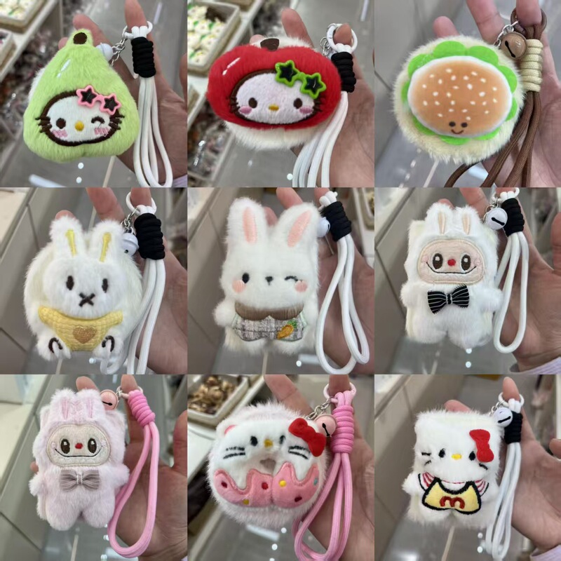 Cute and Creative Kt Cat Accessories Cartoon Burger Donut Bag with Mirror Pendant Portable Makeup Mirror Wholesale
