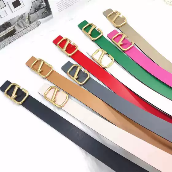 Trendy Women's Belt with Large V Letter Buckle Genuine Leather Belt Decorative Waist Belt for Suit Dress Jeans Versatile