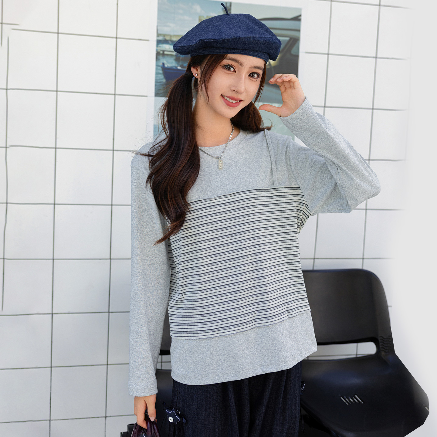 初中女童假两件打底衫春秋装中大童大码宽松长袖t恤百搭上衣休闲