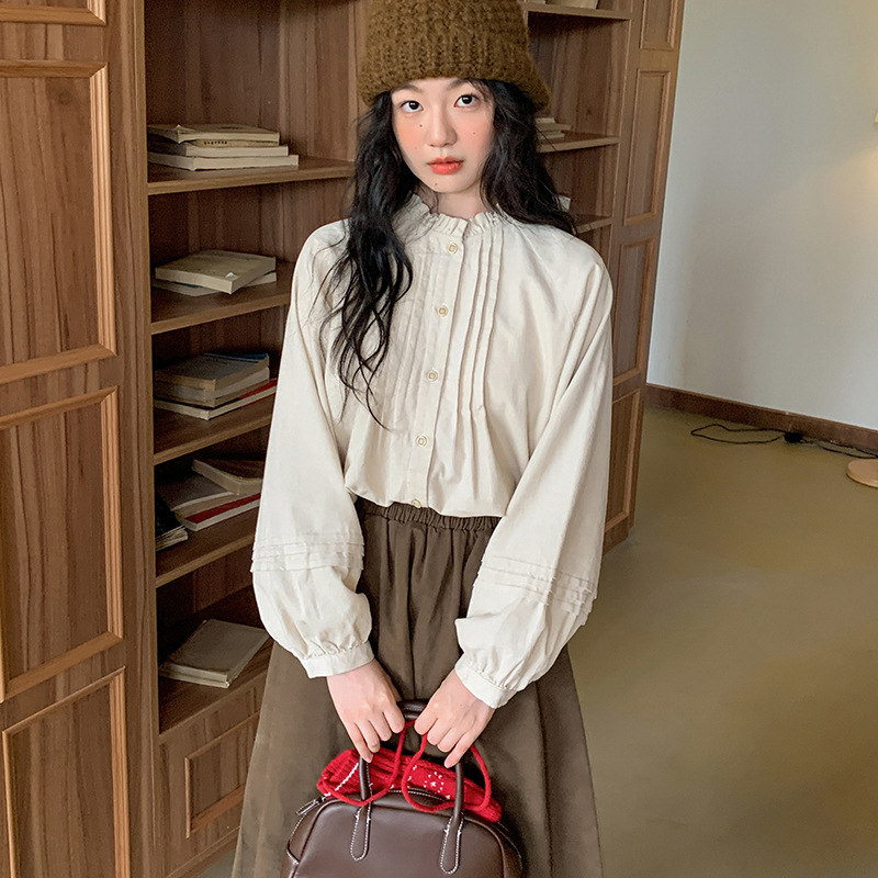 (2개) 리얼 샷 2025 봄 새로운 일본 문학 작은 신선한 코듀로이 긴 소매 셔츠 여성 디자인 감각 셔츠 탑