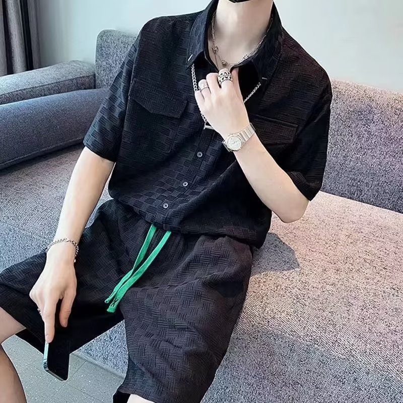 Traje deportivo casual para hombre verano 2023 camisa de manga corta de cinco puntos con pantalones cortos de cinco puntos conjunto de moda ruoshuai