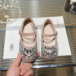 Girls Crystal Princess High Heels Spring and Autumn 2025 New Style Square Toe Children's Easiest for Match Leather Shoes Baby Shoes