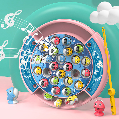 Cross-border electric rotating fishing toy set music magnetic children's educational early education function fishing plate 61 gifts