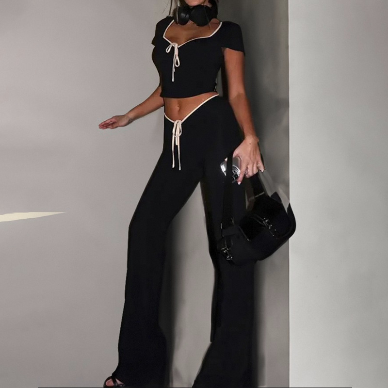 European American Style 2026 Spring New Women's Fashion Short-sleeve Square-neck T-shirt And Slim-fit Low-waist Flared_ecoleips.com