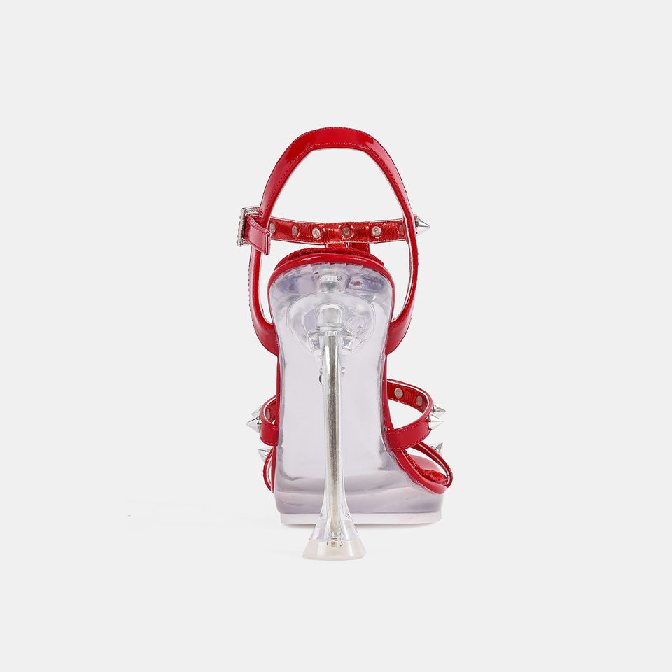 Sandal cao gót nhọn 10 cm đính đinh tán phối quai mảnh phong cách tiên nữ — Màu bạc, Màu trắng, màu đen, màu đỏ chi tiết 6