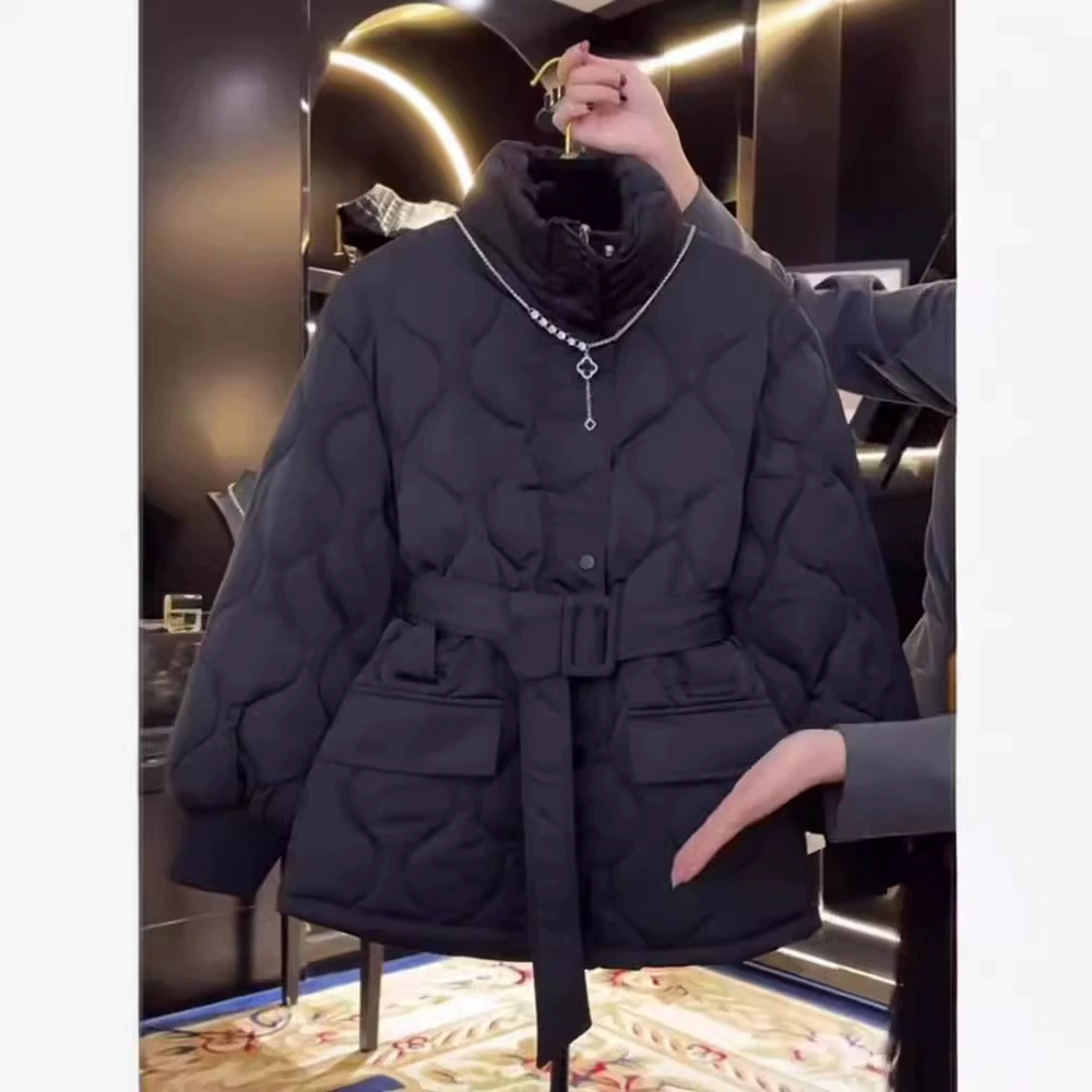 Down Jacket, Black Quilted Belted Coat, Winter Warmth, Sizes S–XL