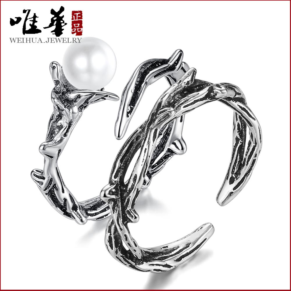 抖音网红国潮跨境时尚玫瑰花嫩芽戒指女复古个性潮人泰银开口指环