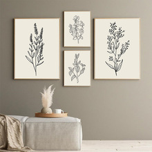 简约现代北欧抽象黑白线条植物客厅海报壁画装饰画图片帆布画芯
