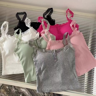9062 Korean Style Lace Camisole for Women with Breast Pads for Outer Wear and Versatile Short Style Beautiful Back Sleeveless Top