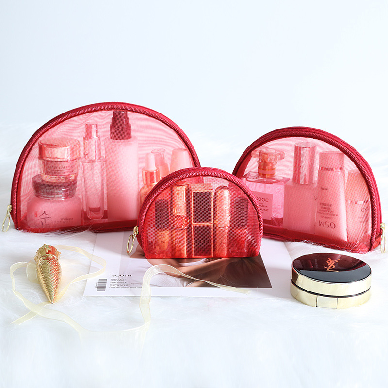 Semicírculo Rojo Negro en stock portátil simple transparente semicírculo Rojo sola red de gran capacidad de almacenamiento bolsa de cosméticos