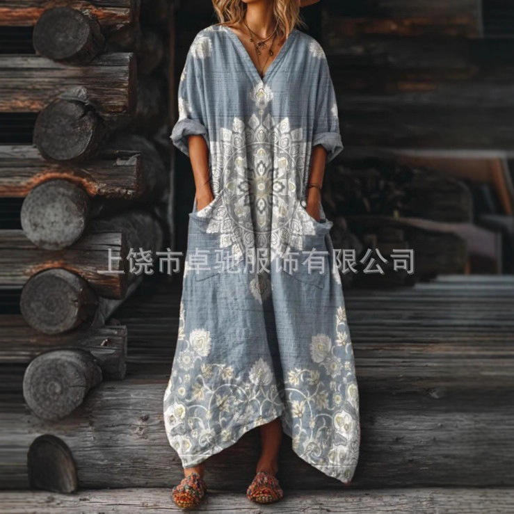 2025新款独立站女式复古花卉艺术图案印花口袋V领口袋连衣裙|undefined
