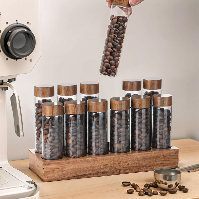 Wholesale Walnut Base Coffee Bean Packaging Display Stand Glass Test Tube Display Bottle Cafe Display Stand