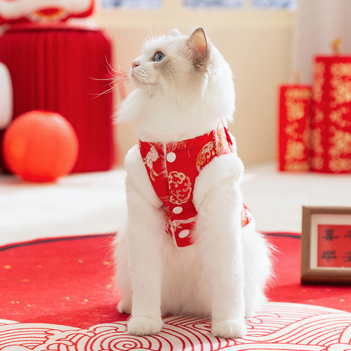 Coats for Cats and Dogs in Autumn and Winter, Festive Chinese Style Brocade, Two-Legged Cotton Coats, Blue Cat, Kung Fu Style Vest