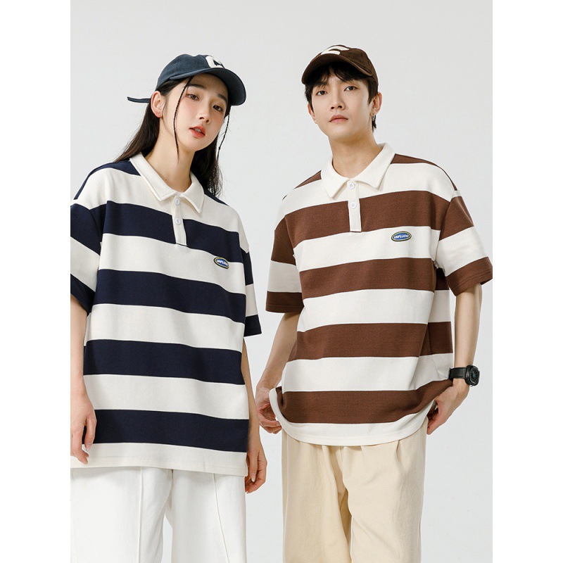 Camiseta Polo a Rayas de Algodón Heavyweight 250G Unisex para Parejas