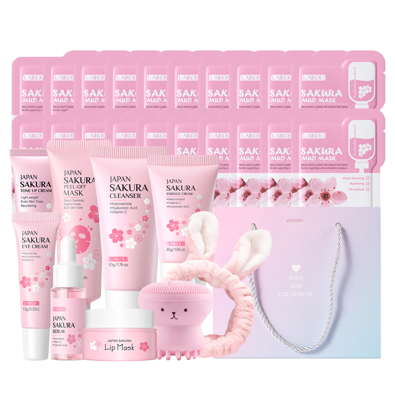 Transfronterizo LAIKOUFENYI serie de cerezo conjunto de cuidado facial hidratación humectante FDA fabricantes de stock image 25