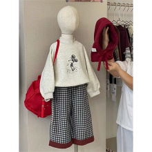 韩版儿童卡通洋气加绒套装2025冬款女童加厚卫衣冬季加格子阔腿裤