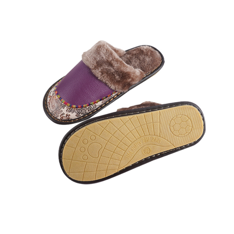 Gift Promotion for Winter Cooling and Warmth: Thickened Home Cotton Slippers with Closed Toe, Non-Slip Plush Leather Surface, Printed Design, and Thickened for Warmth