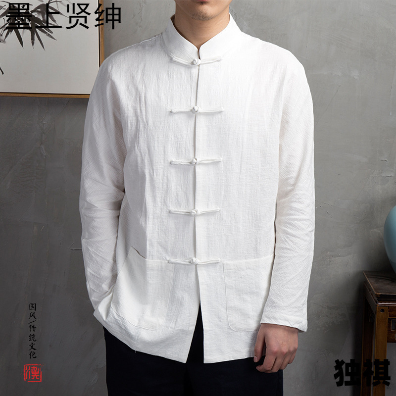 Autumn Chinese Style Button Linen Shirt Men's Loose Long Sleeve Cotton Linen Top Chinese Style Men's Retro Style Shirt