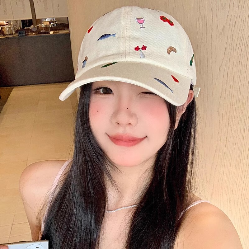 Cute Cartoon Embroidered Baseball Cap for Women, Summer Wide-Brimmed Sunshade Cap, Large Head Circumference, Face-Slimming Hat, Trendy
