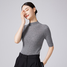 可机洗100%纯羊毛衫女士秋季精纺半高领针织半袖薄款套头上衣女装
