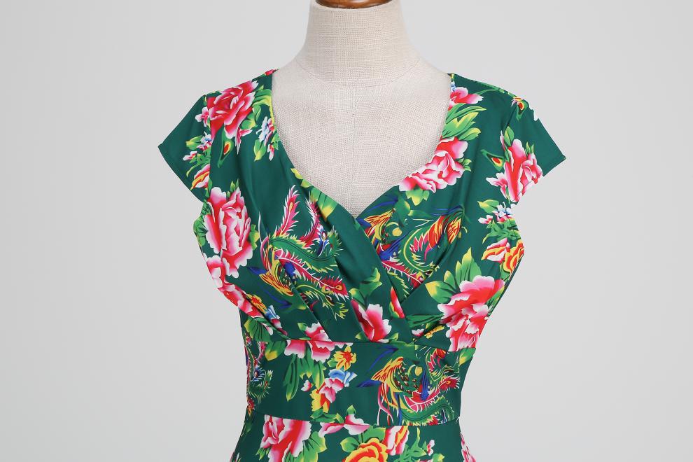 Robe amincissante à imprimé floral rétro et col en V pour femme – Robe d'été élégante mi-longue à manches courtes_voghion.com