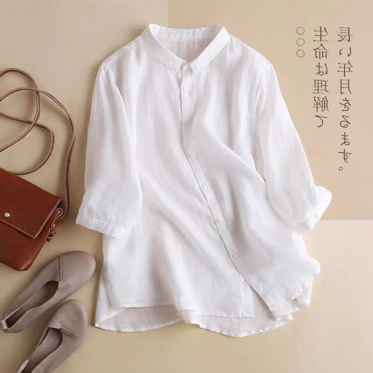 Elegant Ramie commuter Baita short-sleeved shirt collar embroidered design loose light slimming women's top