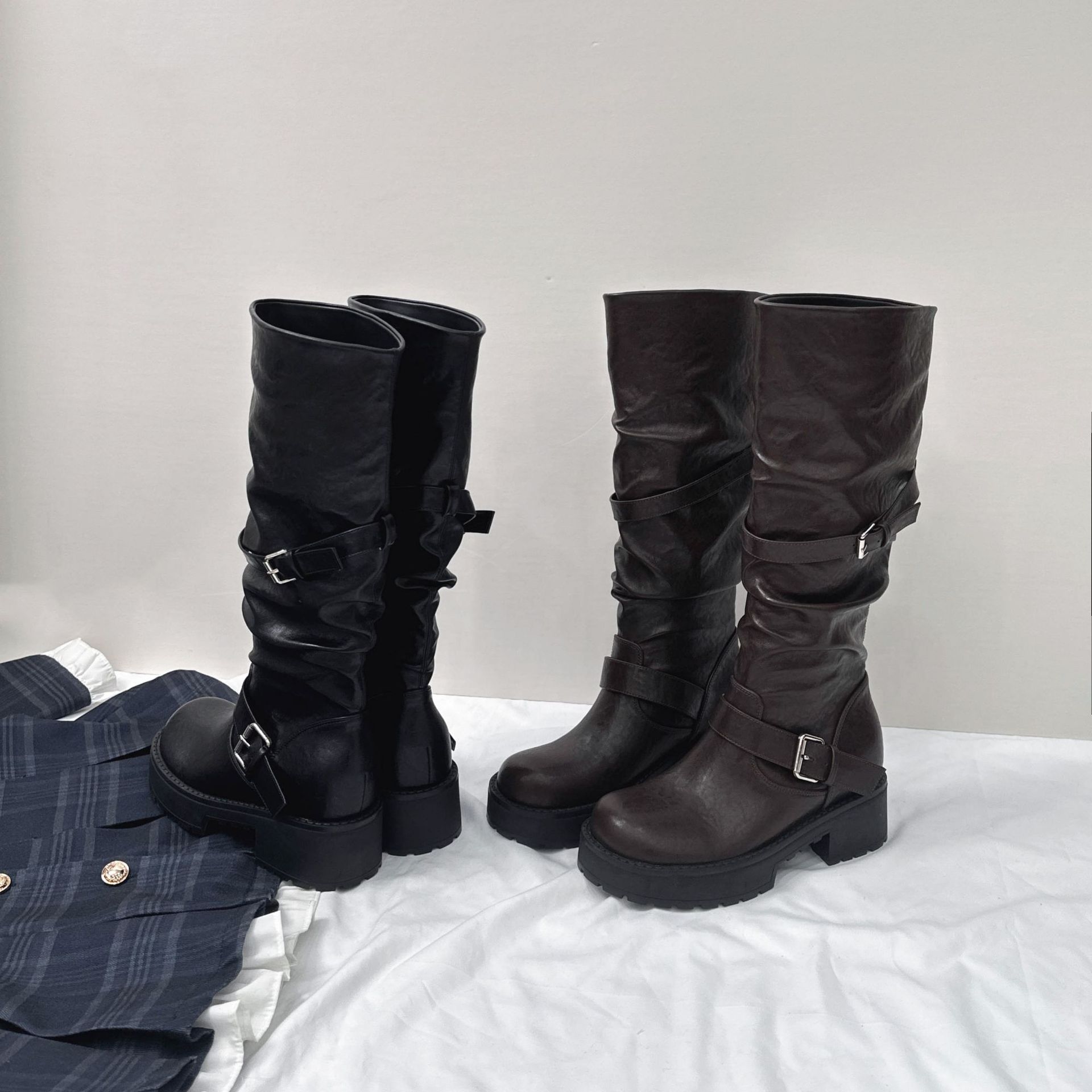Botas Vaqueras de Caballero para Mujer de 8 cm, Superfibra, Con Elevación, Tacón Grueso, para Otoño e Invierno