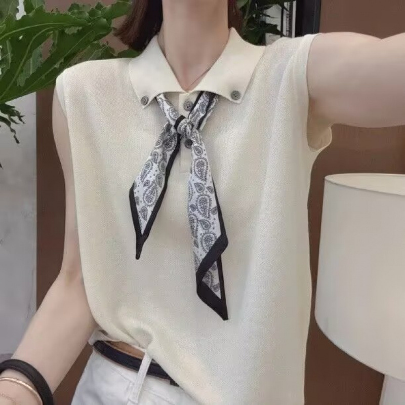 新しい韓国スタイルの多用途スリムポロネック Tシャツレディースファッションラペルスカーフニットノースリーブベストトップ|undefined