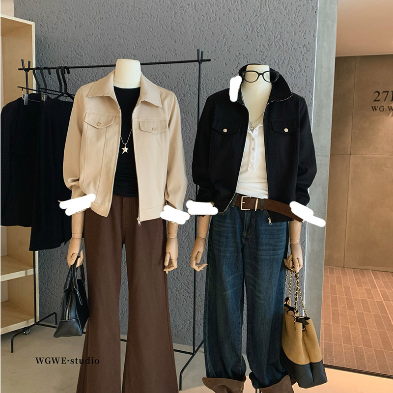 WGWE7259[伦敦雾行者]摩登时髦格纹拼接夹克百搭翻领短款外套|undefined