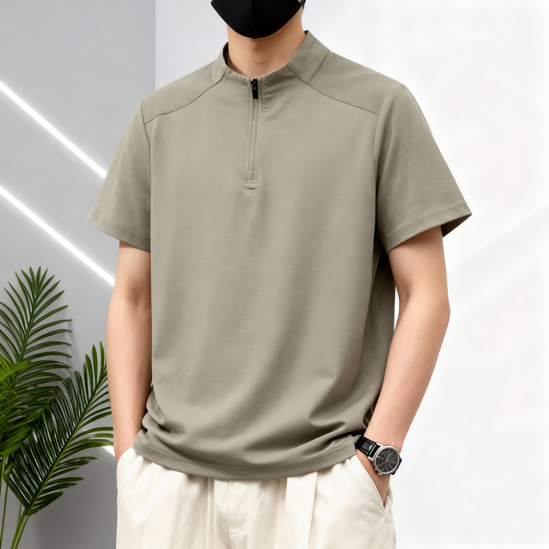 Transfronterizos al aire libre para hombres secado rápido camiseta de manga corta para hombres 2026 verano delgado cuello medio cremallera camiseta casual transpirable
