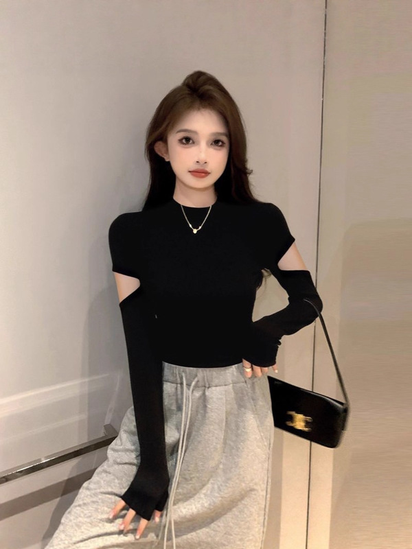 螺纹黑色半高领打底衫女春秋内搭设计感长袖t恤针织紧身短款上衣|undefined