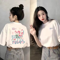 100%纯棉白色正肩短袖2025新款前后印花百搭宽松t恤女上衣显瘦ins