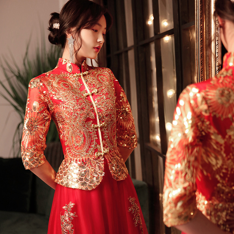 Watkins gules Long sleeve bride marry Toast clothing cheongsam full dress Xiu clothing Dragon and gown wholesale 17172
