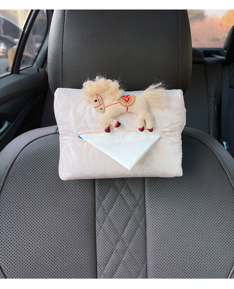 Fabric Pony Car Tissue Box with a High-End Feel, Women's Car Tissue Hanging Bag, Armrest Box In-Car Tissue Box, Hanging Type