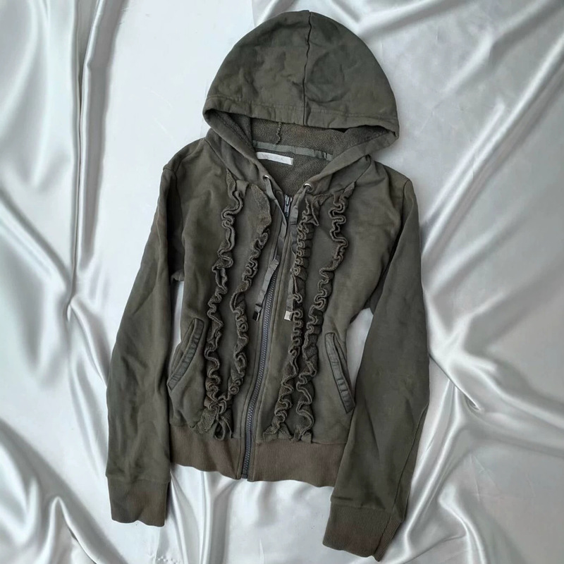 Early autumn American retro vintage gray army green distressed long-sleeve hooded thin jacket with ruffled trim Early autumn American retro vintage gray army green distressed long-sleeve hooded thin jacket with ruffled trim