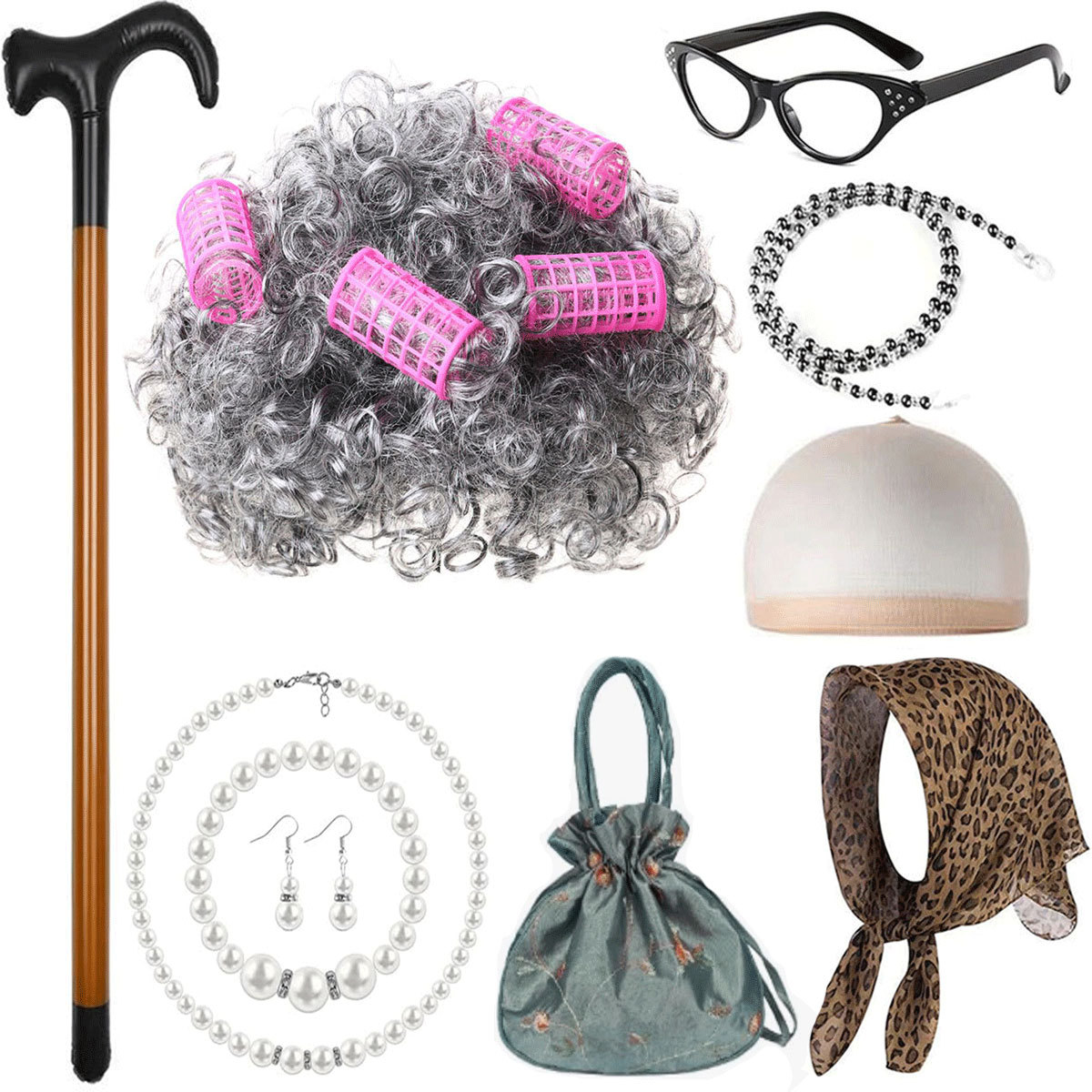 Amazon COS Old Lady Wig, Middle-Aged and Elderly Woman Wig Set, Leopard Print Headscarf, Handheld Packaging Costume Set