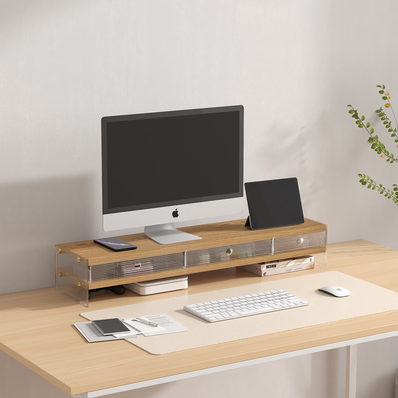 Office alec log flat panel desktop computer monitor stand with drawer storage rack