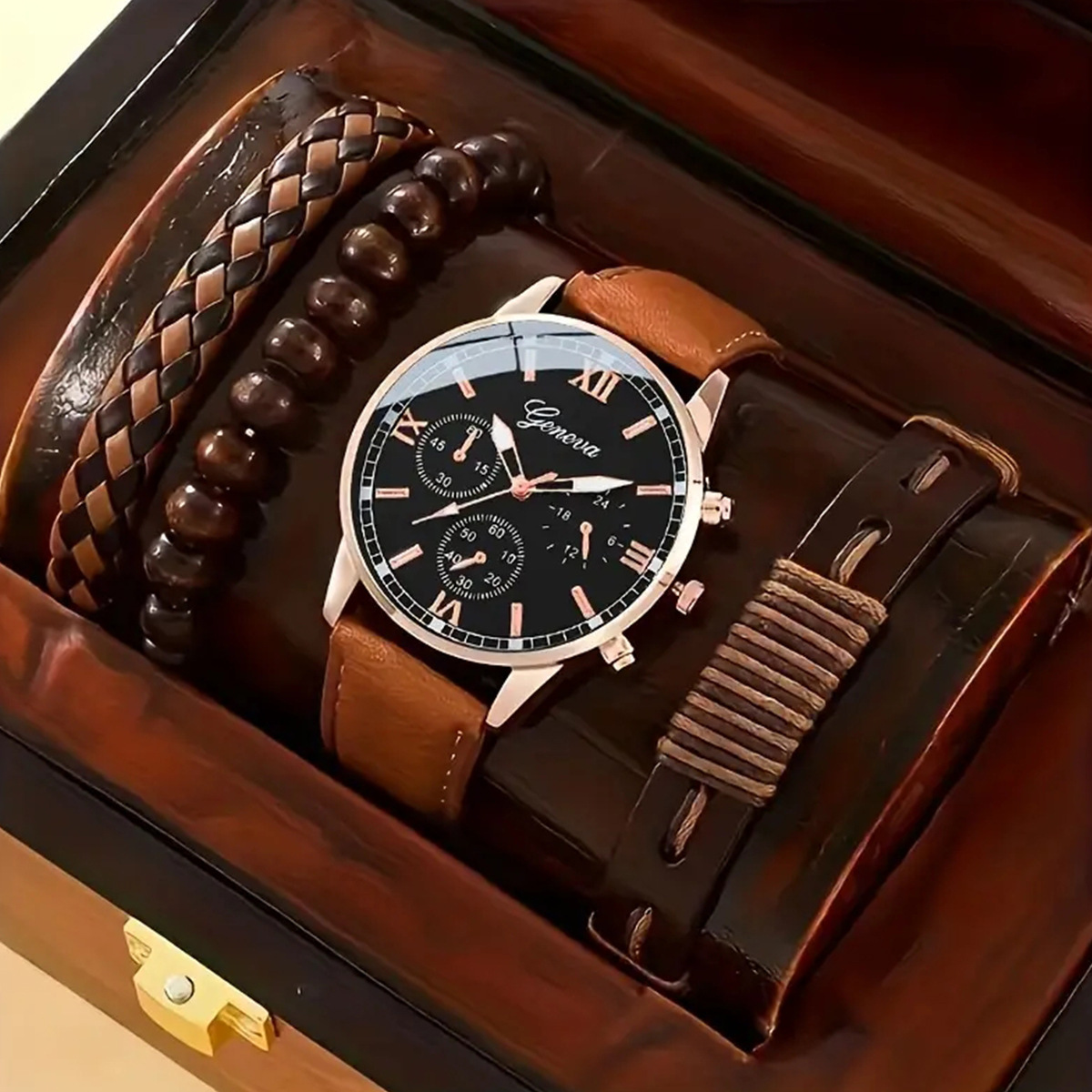 Orologio al quarzo da uomo con tre occhi, tendenza moda business, più bracciale intrecciato, 4 pezzi/set_voghion.com