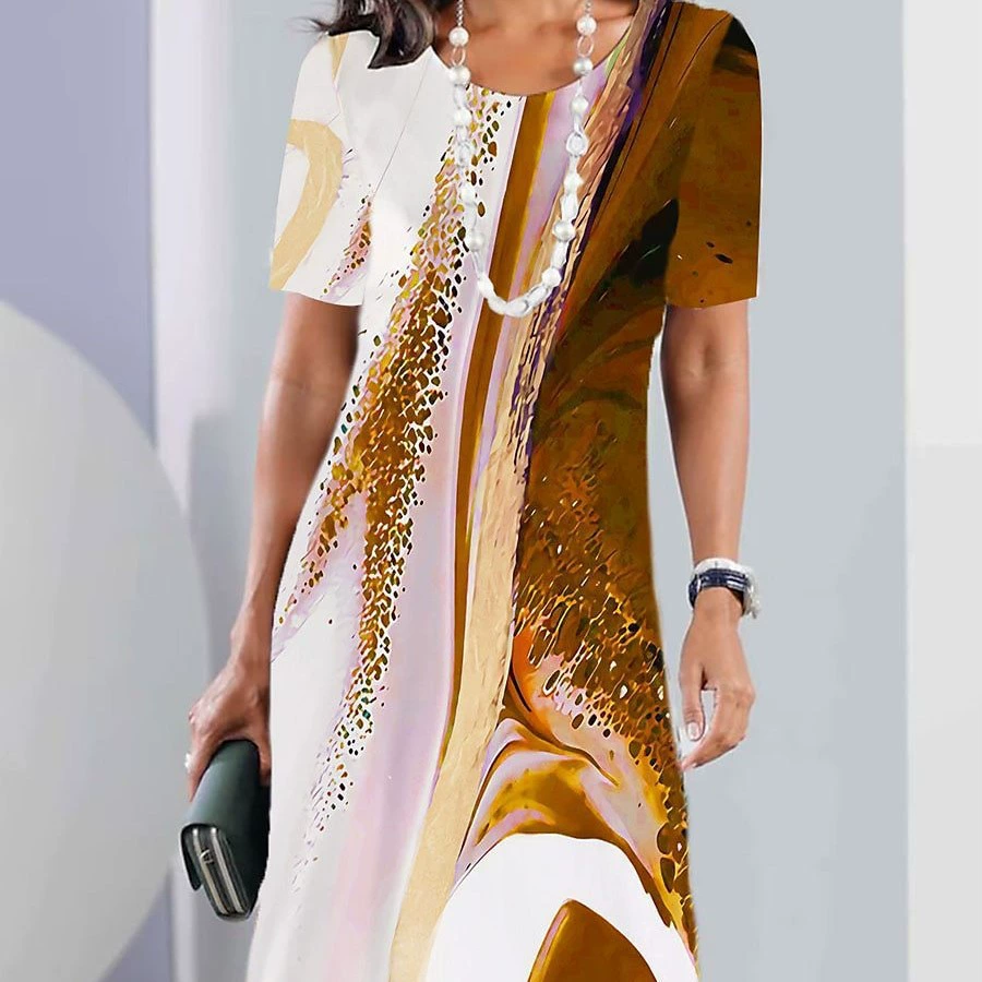 Европейское и американское женское платье 2025 года, кросс-бордерная мода, универсальное повседневное свободное платье большого размера с круглым вырезом и короткими рукавами