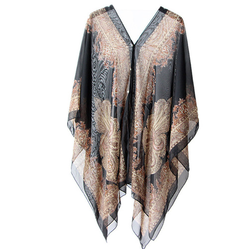 Sun protection shawl for cycling and beach, multi-purpose silk scarf, chiffon printing, anti-UV cashew flower customized pearl shawl