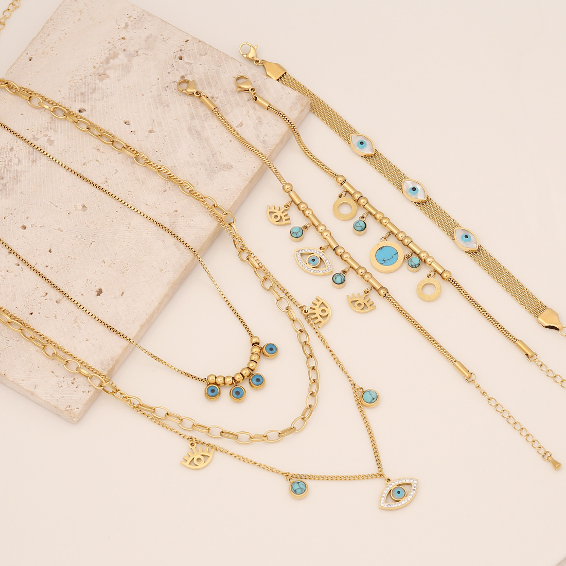 Retro Round Devilu0027S Eye Stainless Steel Inlay Turquoise Bracelets Necklace 1 Piece